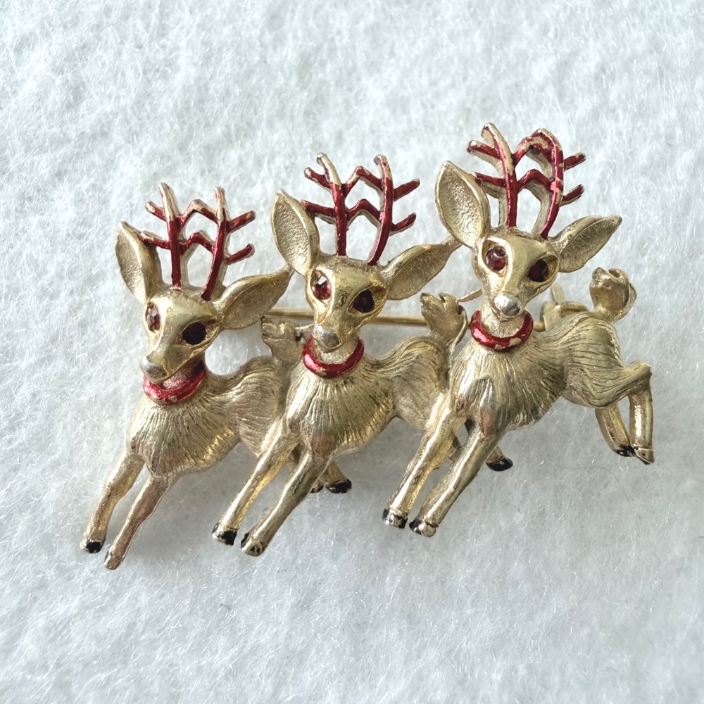 Vintage St. Labre Gold Tone Reindeer Trio Brooch Red Enamel Rhinestone Eyes Pin